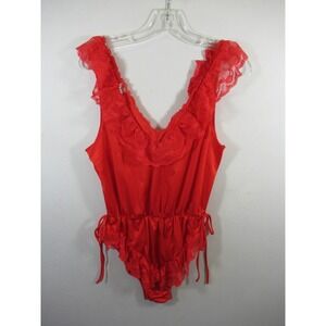 Vintage JCPenney Frilly Lace Teddy Romper Size M Red Nylon Bodysuit Made in USA